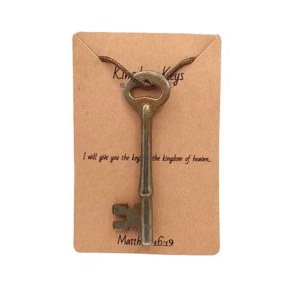 Skeleton Key Necklace Religious Jewelry Brown Faux Pendant Leather Cord #2 VTG - Picture 1 of 15